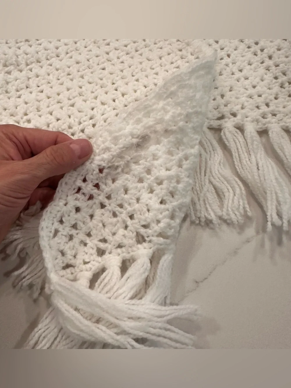Handmade White Crochet Shawl Wrap With Tassels One Size Granny Cottage Boho
